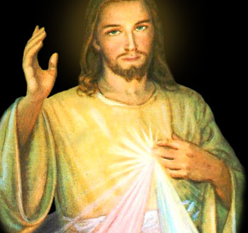 Un Jesús sin corazón con rayos multicolores que salen en remolino. No hay llagas, ni Cruz ni referencia a la Pasión
