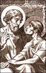 Onésimo arrepentido de su fuga recibe los consejos de San Pablo para su vuelta a ver a su amo Filemón.