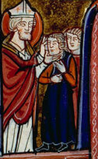 San Blas curando al niño a quine uns espina de pescado atravesaba su garganta. Graduel àal uso de la abadía de Notre-Dame de Fontevrault. S.XIII. 