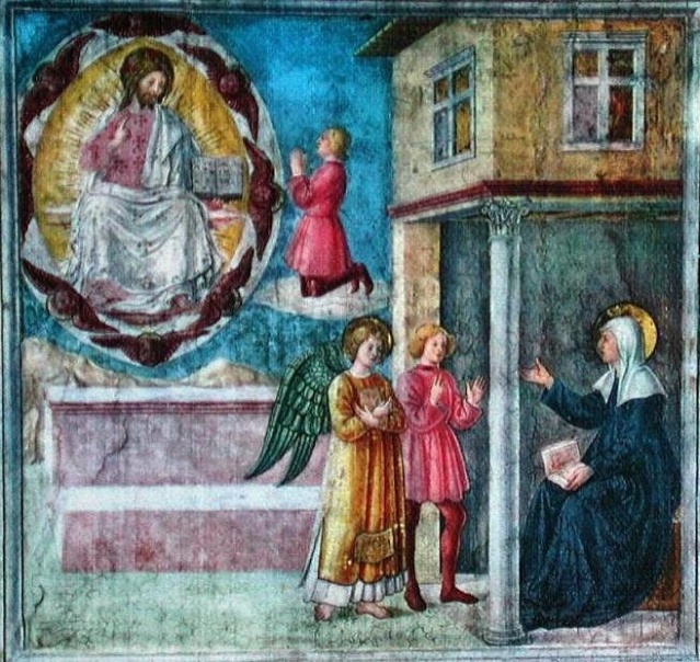 Santa Francisca Romana y su ángel de la guarda. Fresco de la Basílica de Notre-Dame-d'Ara-Coeli. Roma. 